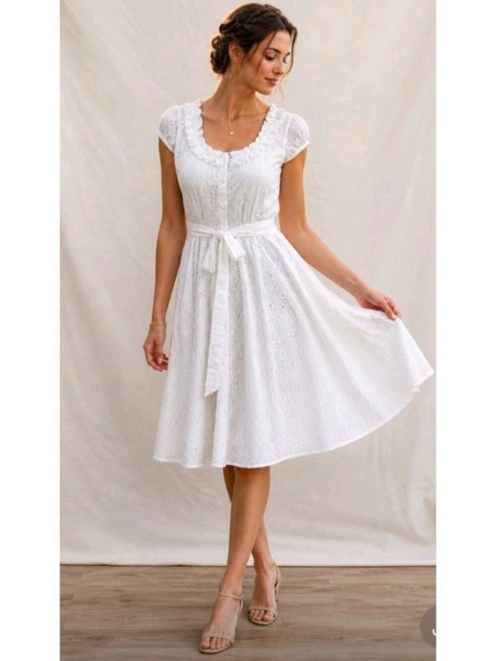 London Times Eyelet Ruffle Neckline Shirt Dress Cottagecore Minimalist 12P White